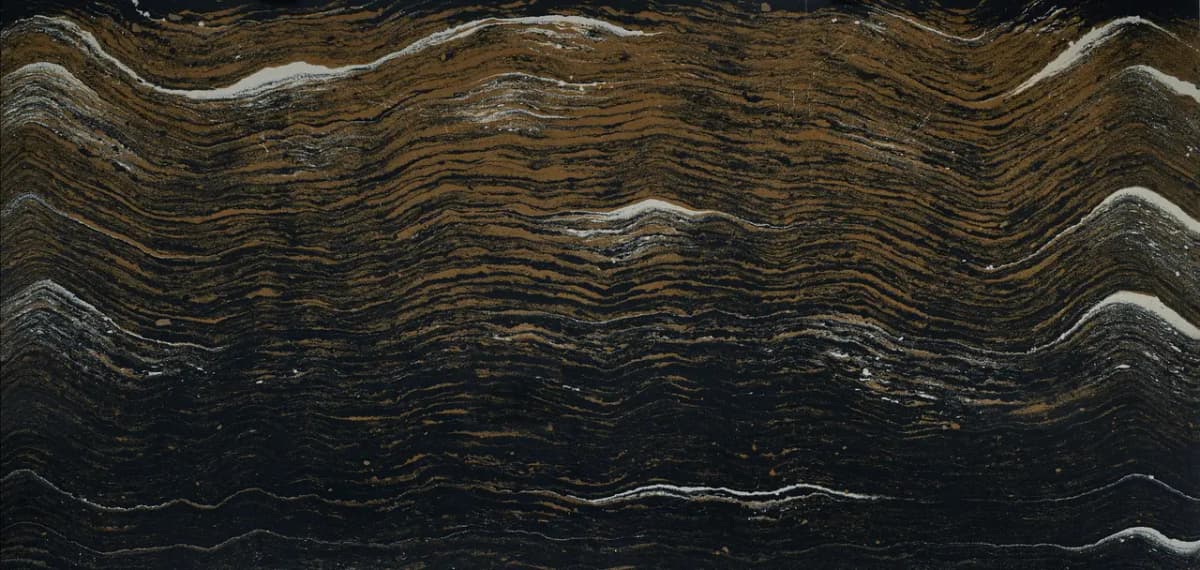 Elegant midnight black and sparkling golden currents flow harmoniously across this tantalizing design, interspersed with white highlights cresting across the wave tops.