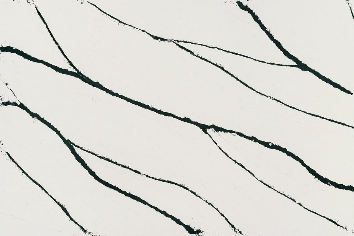 White quartz slab with black-green bold veining.