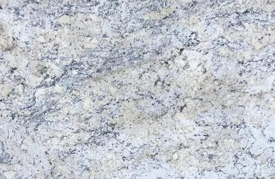 White granite with gray and cream swirls and black specks.