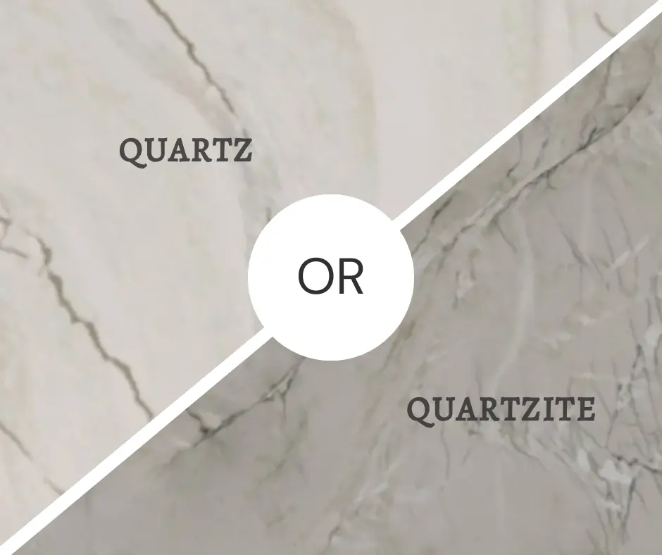 Close-up of quartzite and quartz countertop samples side by side